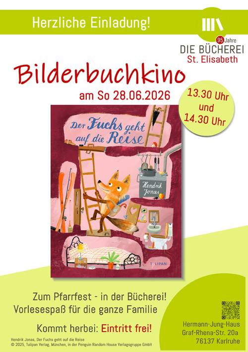 Einladung zum Bilderbuchkino 28.06.26 in der Bücherei St. Elisabeth 13.30 Uhr und 14.30 Uhr